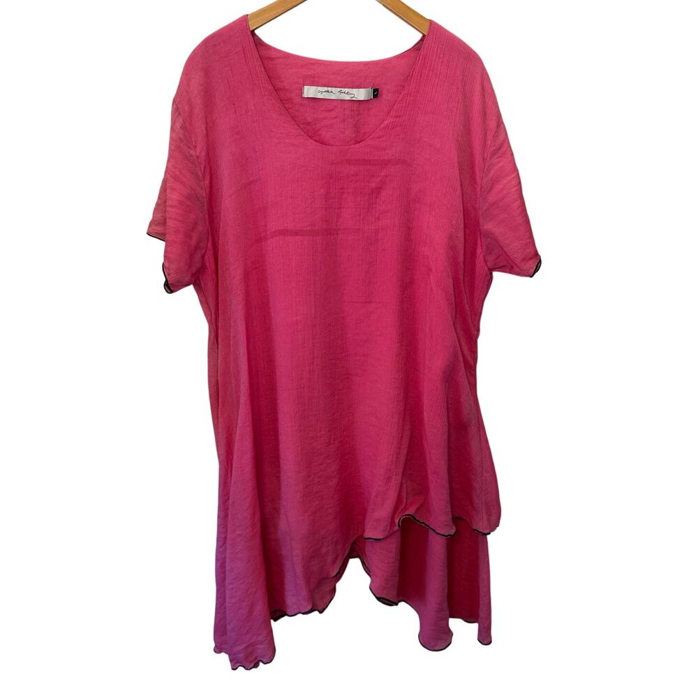 Cynthia Ashby Boho Linen Pink Short Sleeve Flowing Handkerchief Short Dress Lg